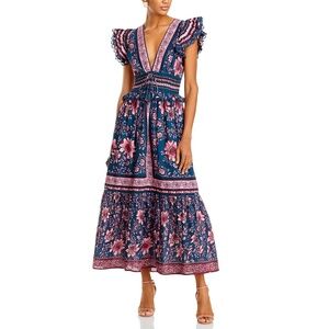NWT $280 FARM Rio Anika Cotton Printed Charm Teal Midi Dress, size Large!